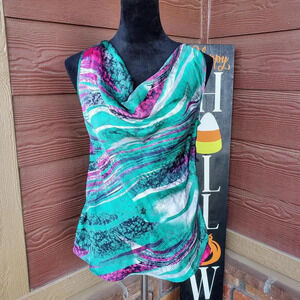 Elementz Abstract Multicolor Sleeveless Silky Draped Collar Blouse Women's Small